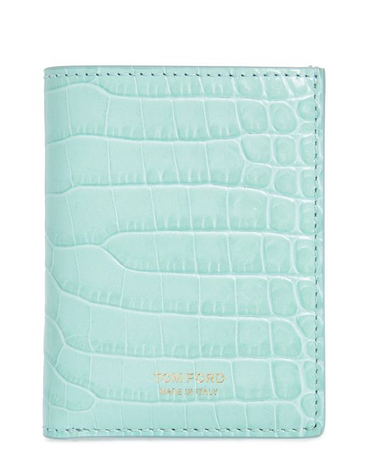 Tom Ford Green T-line Croc Embossed Leather Bifold Card Case for men