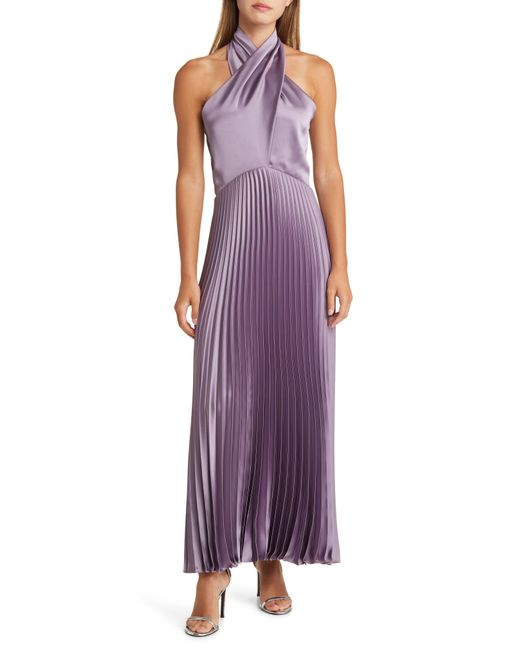 Amsale Purple Pleat Halter Satin Gown