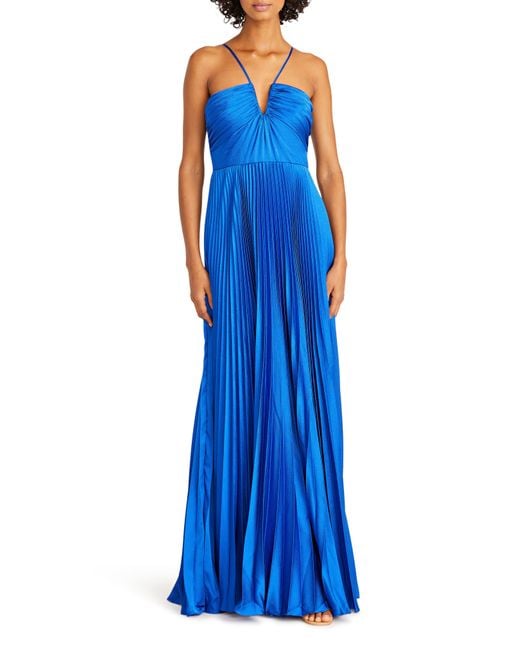 ML Monique Lhuillier Blue Pleated Satin Gown