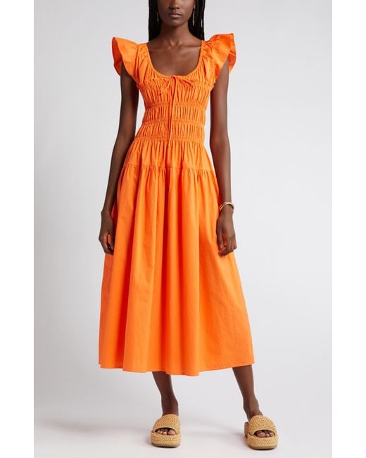 Moon River Orange Smocked Bodice Cotton Midi Dress