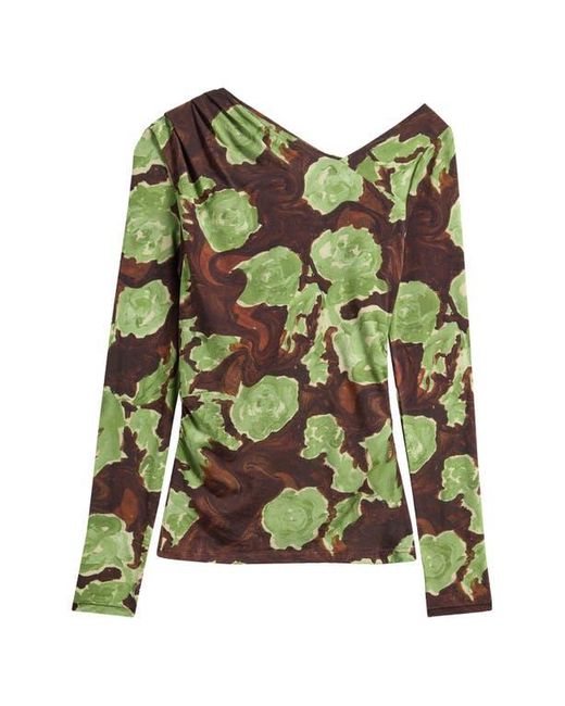 TOPSHOP Green Abstract Floral Asymmetric Neck Top