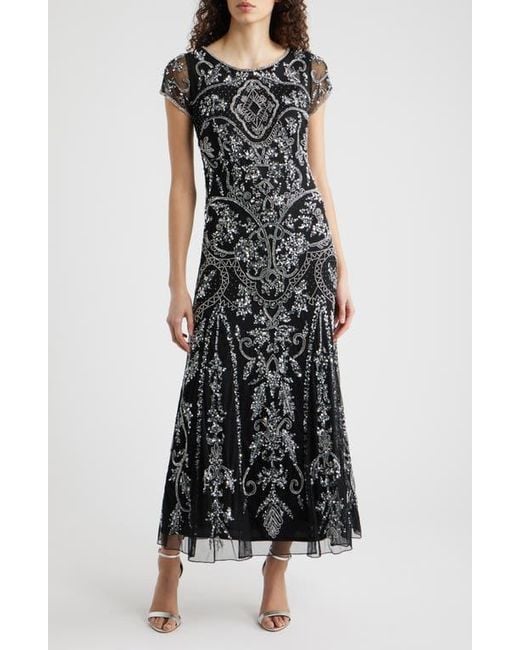 beaded mesh midi cocktail dress pisarro nights Pisarro Nights Women's Beaded Mesh Midi Cocktail Dress - Brown