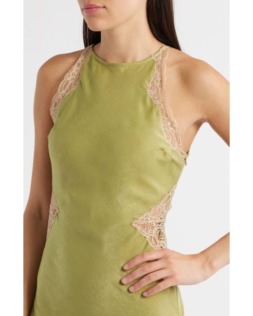 TOPSHOP Green Lace Inset Sleeveless Satin Midi Dress