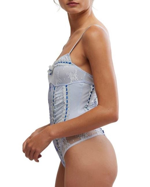 Free People Blue Sara Floral Print Lace Corset Bodysuit