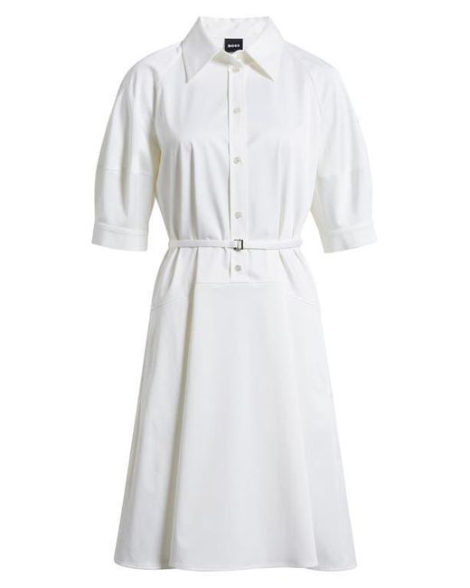 Boss White Delaurena Belted Stretch Cotton Shirtdress