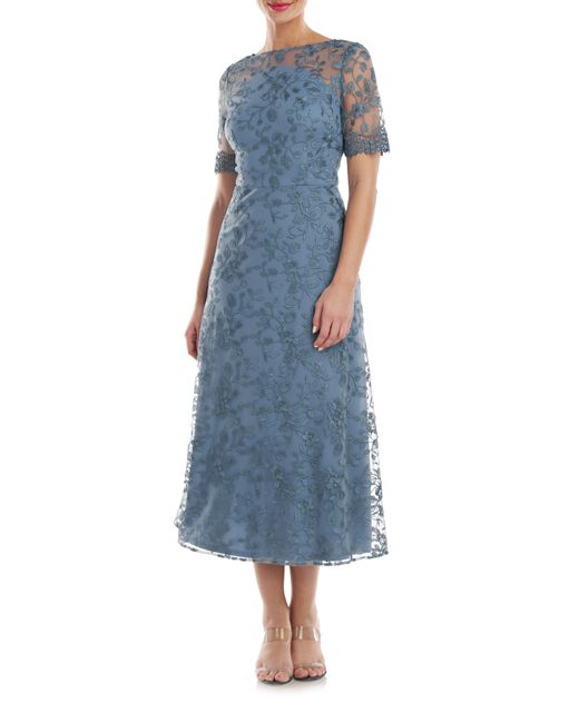 JS Collections Blue Theresa Embroidered Floral Midi A-line Dress