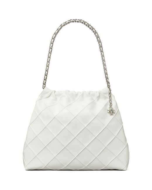 Tory Burch White Fleming Distressed Quilted Leather Hobo Bag
