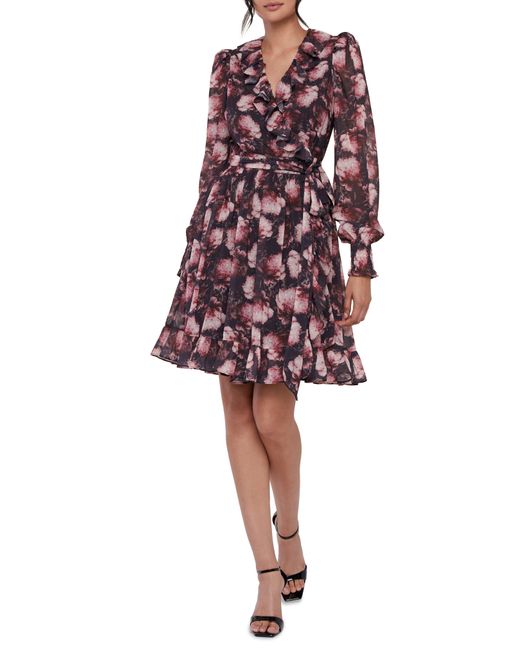 Rachel Parcell Red Floral Long Sleeve Chiffon Wrap Dress