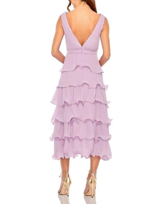 Mac Duggal Pink Deep V Chiffon Sleeveless Ruffle Midi Dress