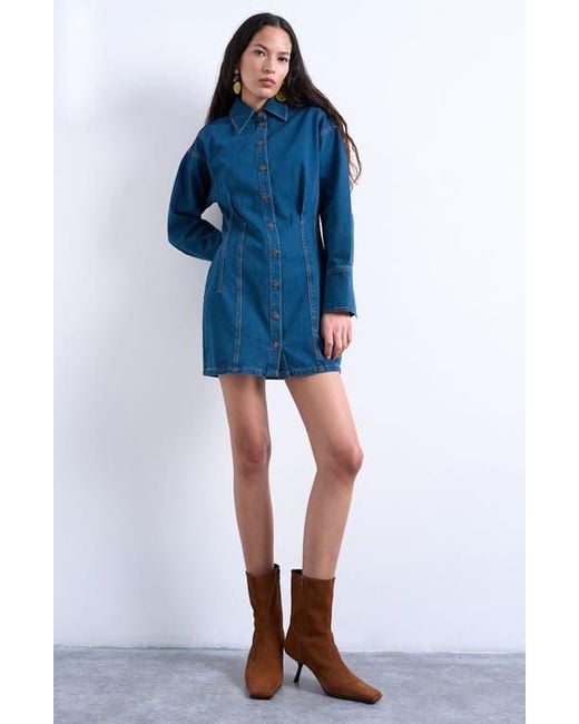 TOPSHOP Blue Denim Button-Up Mini Shirtdress