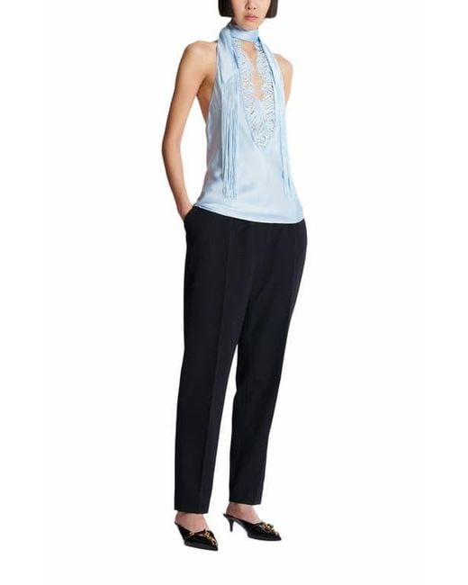 Balmain Black Backless Crepe Satin Top With Fringe