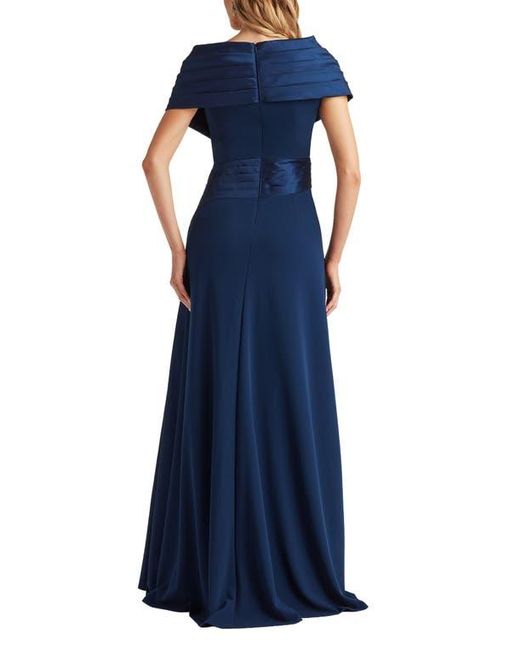 Tadashi Shoji Blue Portrait Collar Satin & Crepe Gown