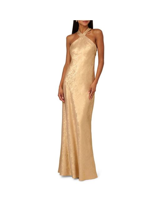 adrianna papell gold bridesmaid dress Spaghetti Straps Sleek Red Satin Cut-Out Bow Maxi Prom Dress US10 / Yellow