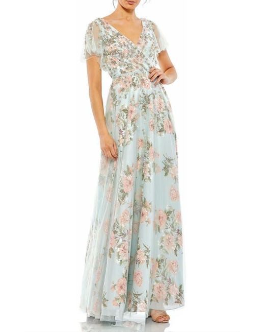 Mac Duggal Metallic Embellished Floral Gown With Mesh Flutter Sleeves, Beaded Waist & Pleated Bodice