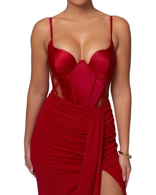 JLUXLABEL Red Incomparable Lace Inset Satin Bodysuit