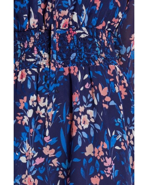 Eliza J Blue Floral Smocked Waist Long Sleeve Dress