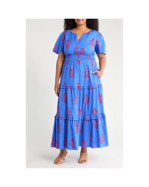 Sugarlips Blue Shayna Floral Palmer Tiered Cotton Poplin Maxi Dress