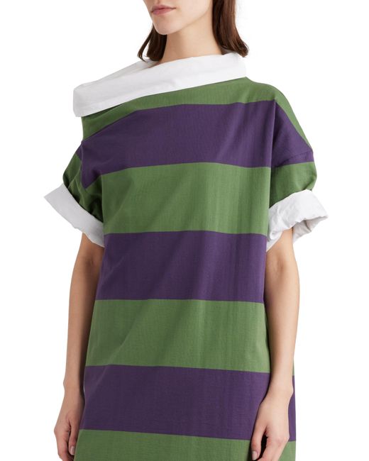 Dries Van Noten Purple Rugby Stripe Asymmetric Short Sleeve Sweatshirt Dress