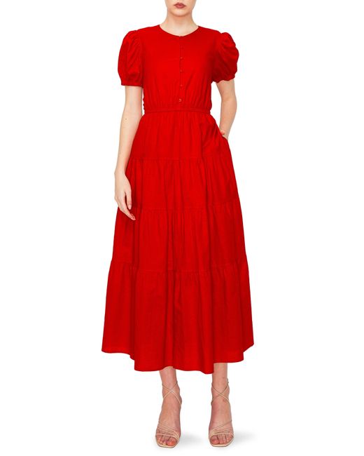 MELLODAY Red Puff Sleeve Button Front Linen Blend Fit & Flare Midi Dress
