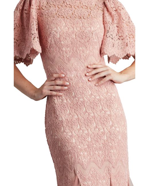 Tadashi Shoji Pink Flutter Sleeve Corded Lace Trumpet Gown
