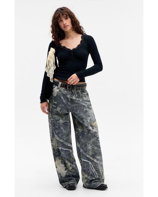 BDG Black Diana Lace Trim Crop Rib Knit Henley