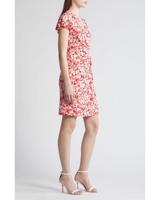 Anne Klein Red Abstract Floral Flutter Sleeve Wrap Dress