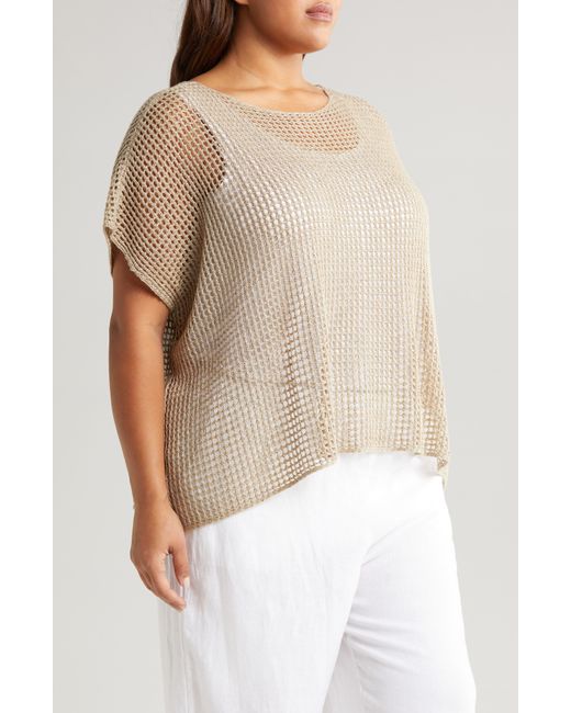 Eileen Fisher White Open Stitch Short Sleeve Organic Linen Sweater