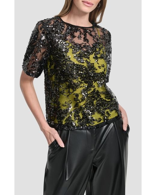 DKNY Black Sequin Overlay Boxy Top