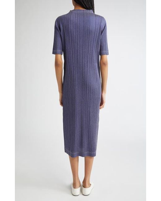 Pleats Please Issey Miyake Blue Trompe L'Oeil Pleated Midi Dress