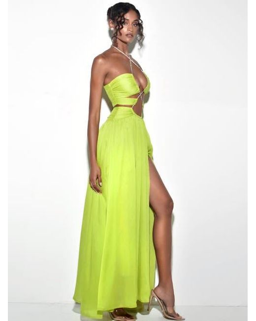 Miss Circle Green Quinby Chiffon Pleated Lace Up Maxi Dress