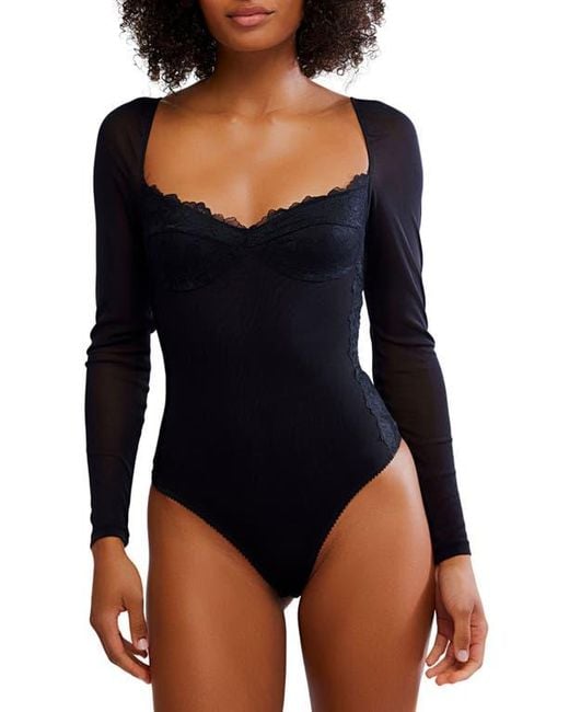 Free People Black Suddenly Fine Lace Bodysuit