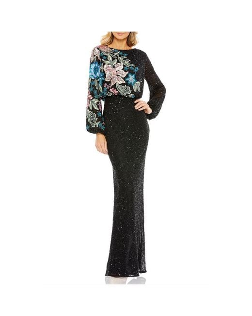 Mac Duggal Women's Black Floral Embellished Long Blouson Sleeve
