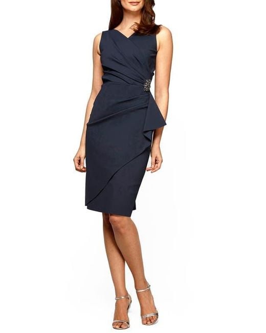 Alex Evenings Blue 234005 Faux Wrap Fitted Dress With Jewel Accent