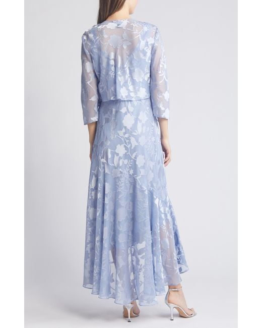 Alex Evenings Blue Metallic Floral High-low Chiffon Jacquard Midi Dress With Jacket