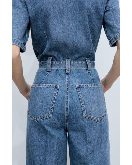 Mango Blue Fleur Tie Waist Denim Jumpsuit
