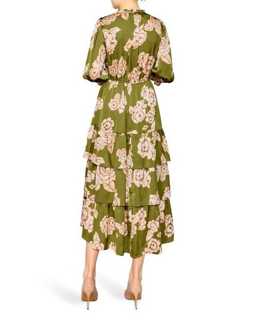 MELLODAY Yellow Floral Tiered Satin Midi Dress