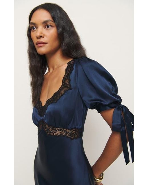 Reformation Blue X Kacey Musgraves Stella Lace Trim Silk Midi Dress