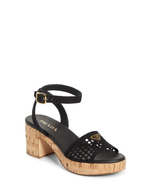 Prada Black Crochet Cork Platform Sandal