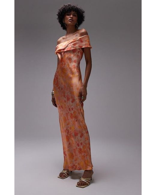 TOPSHOP Gray Abstract Print Off The Shoulder Satin Maxi Dress