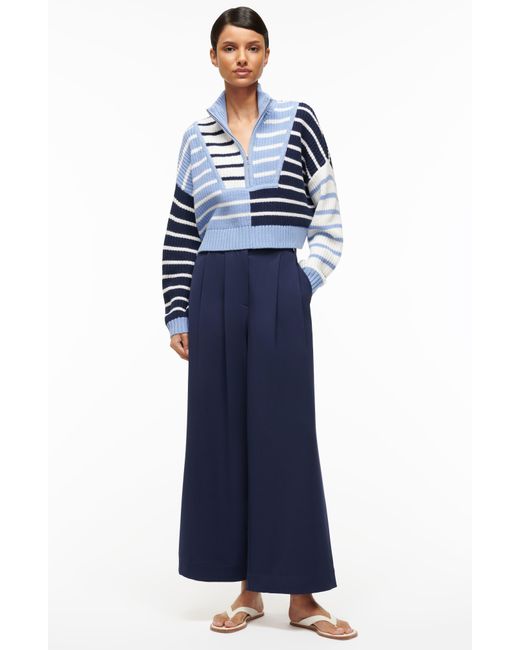 Staud Blue Hampton Mix Stripe Crop Cotton Blend Sweater