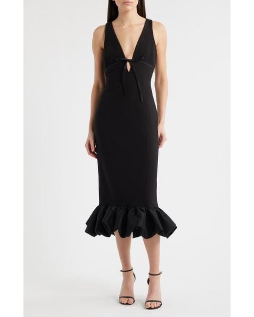 Likely Black Balta Ruffle Hem Mixed Media Cocktail Midi Dress