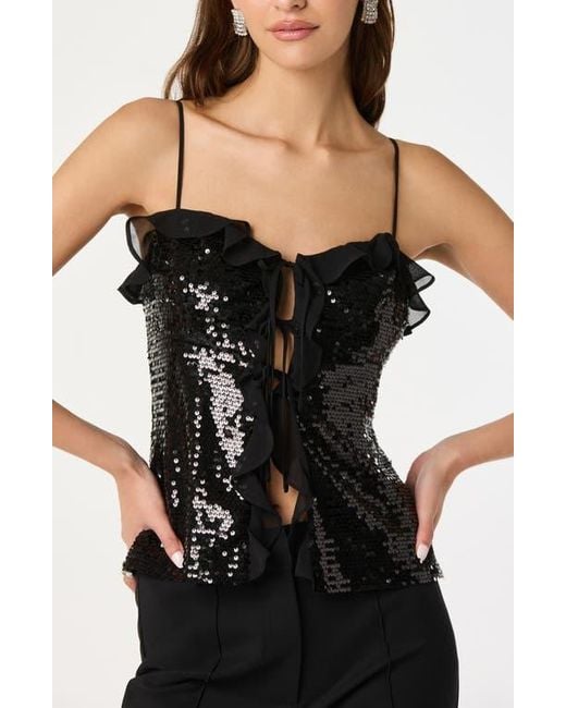 Astr Black Sequin Ruffle Trim Tie Front Top