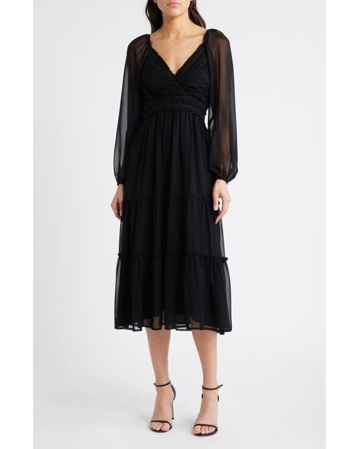 Bebe Black Lace-Up Back Long Sleeve Chiffon Midi Dress