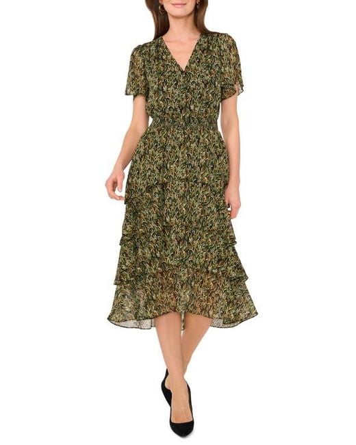Vince Camuto Green V-Print Georgette Tiered Dress