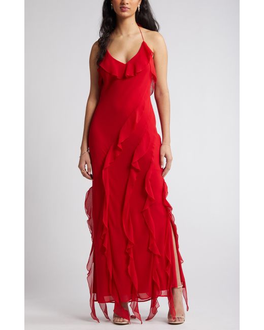 Wayf Red The Alice Halter Neck Ruffle Gown