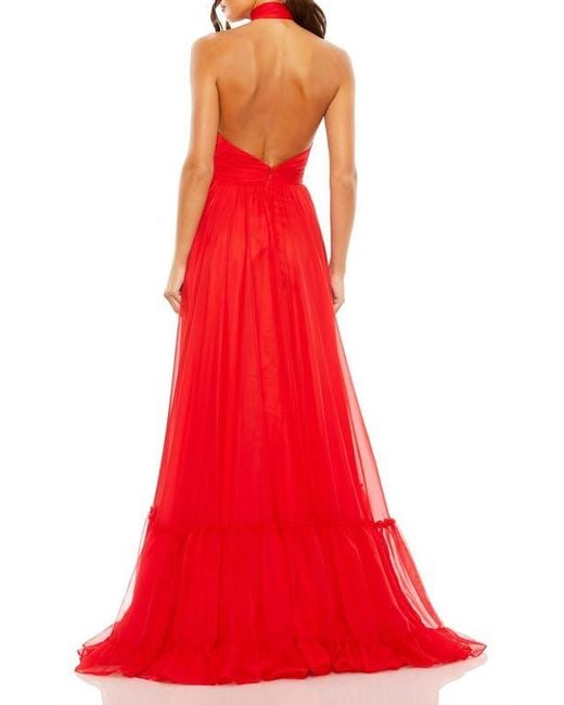 Mac Duggal Asymmetrical Halter Neck Tiered A Line Gown