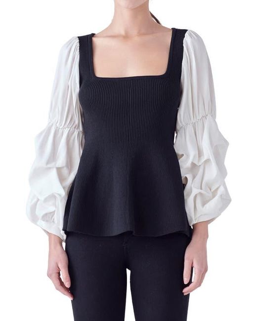 English Factory Blue Mixed Media Rib Top