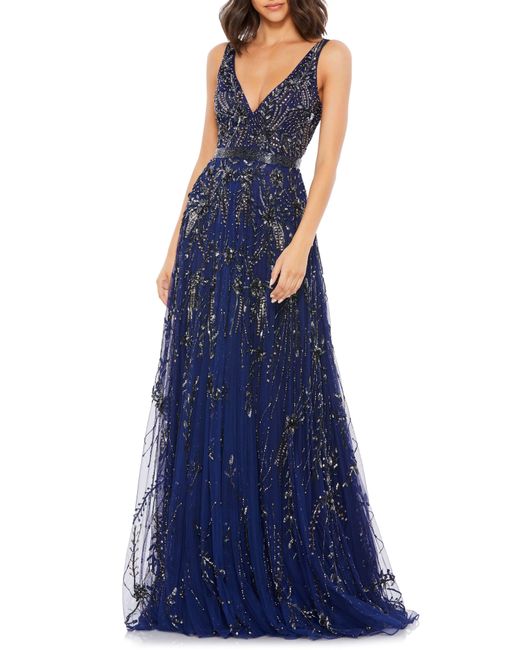 Mac Duggal Beaded Plunge Neck Gown in Blue | Lyst