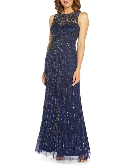 Adrianna Papell Blue Beaded Evening Gown