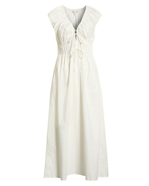 Wayf White Liv Ruched Stretch Cotton Poplin Midi Dress